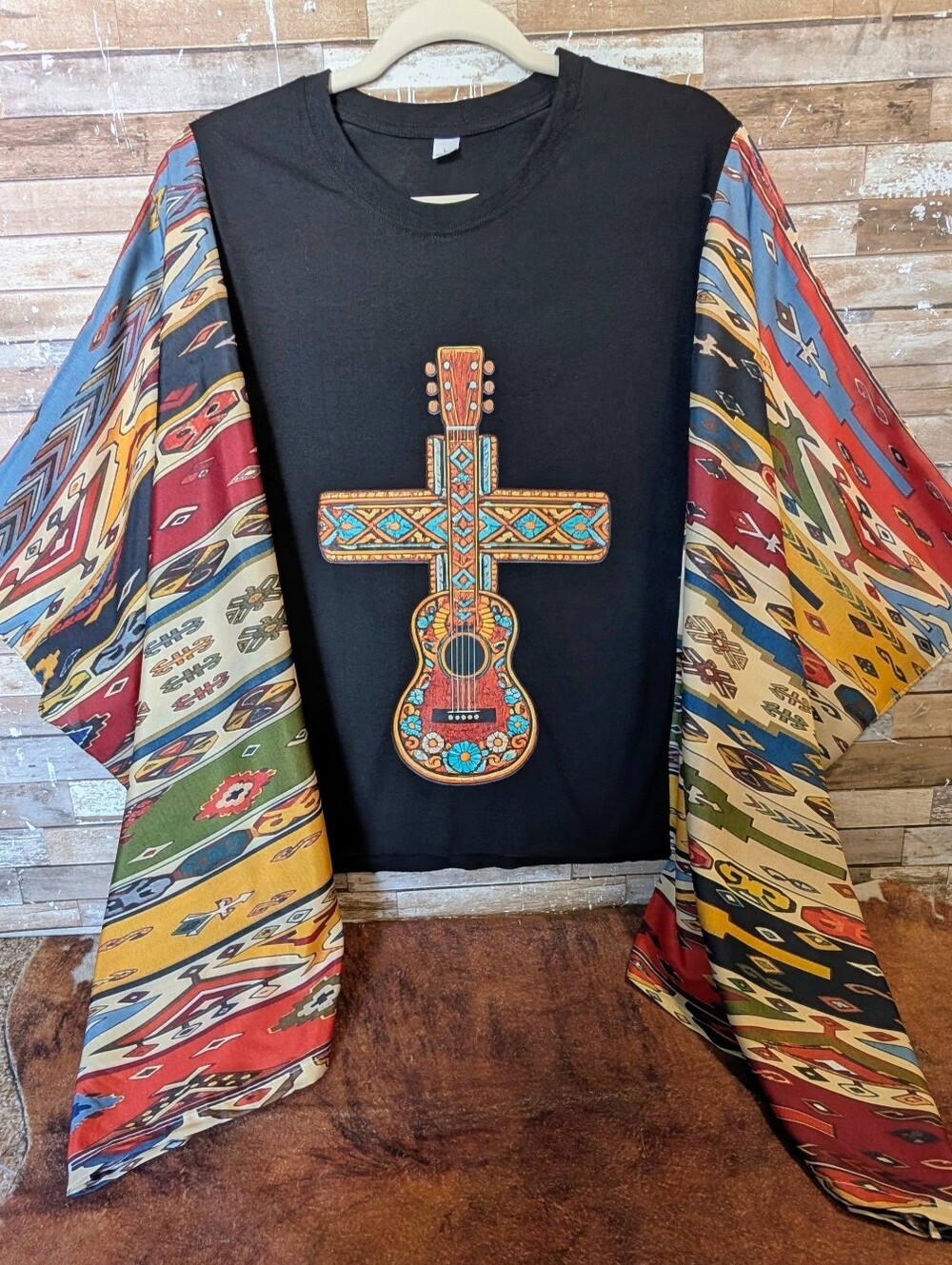 Boho Festival Guitar And Cross Graphic W Bat Winged Sleeves Poncho Style Top